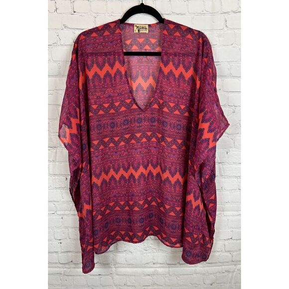 Show me your mumu Tops - SHOW ME YOUR MUMU orange pink red semi-sheer oversized V-neck blouse top M